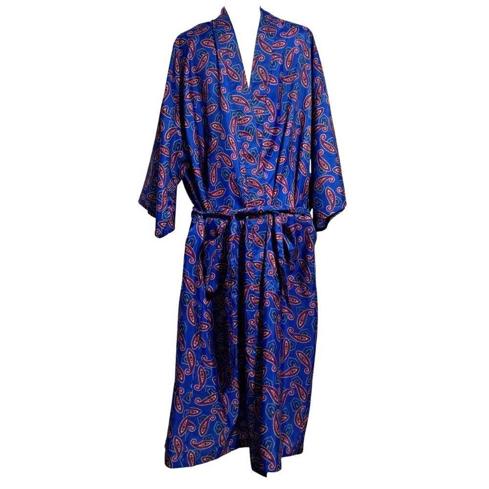 Vintage 70s Bill Blass Royal Blue Paisley Smoking Jacket Robe One Size Made in U